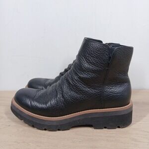 Sofft Ankle Boots Womens 8M Black Leather Brown Detail Chunky Sole Side Zip